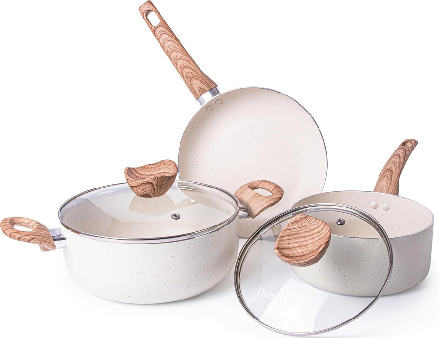 5pcs Cream Granite Non Stick Cookware Set with Lids – Induction Safe Pots