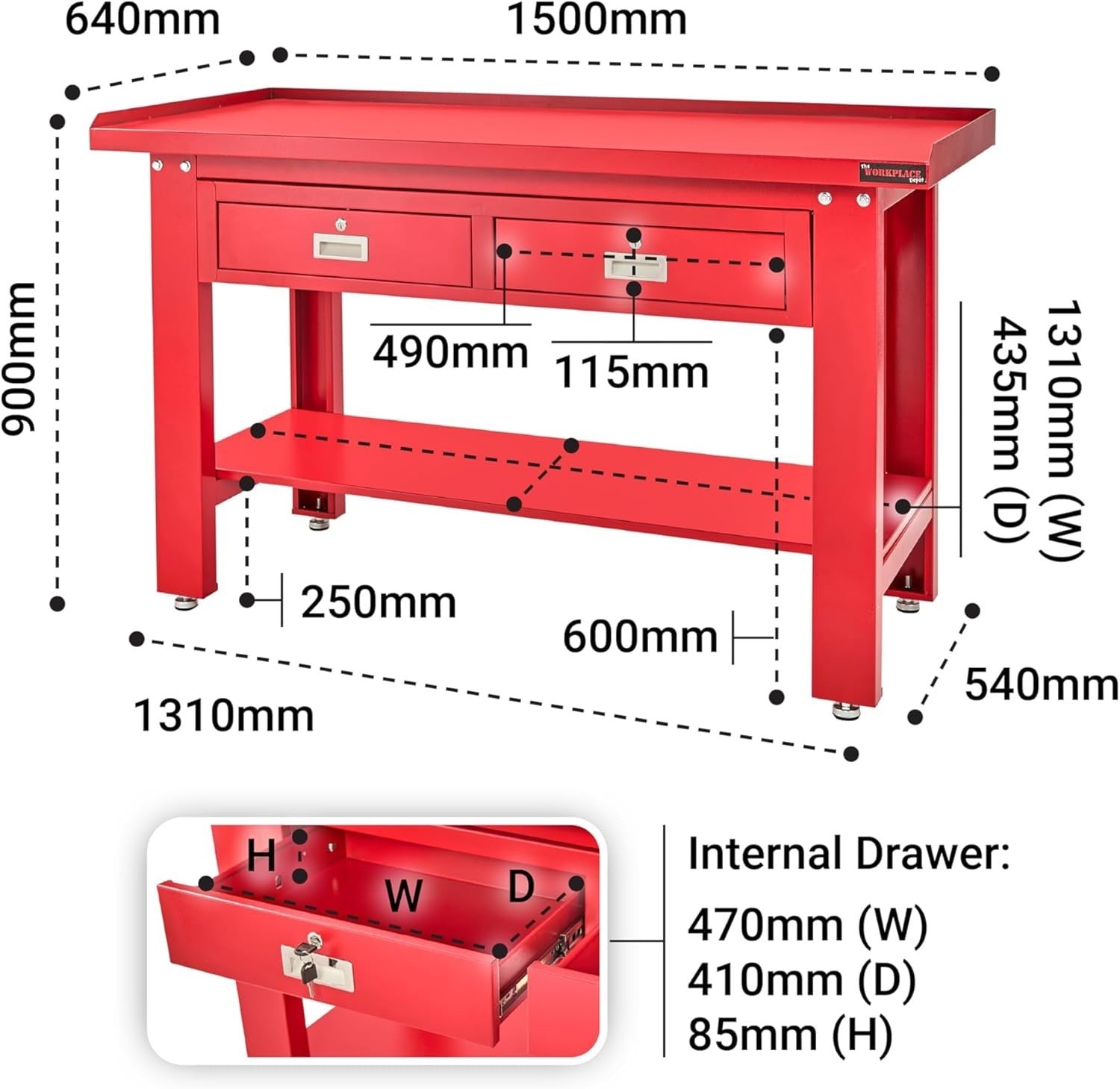 Heavy Duty Steel Workbench with Lockable Drawers Shelf Adjustable Feet 1500mm