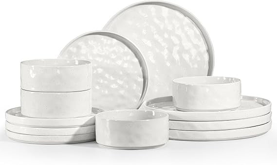 12pc White Stoneware Dinner Set Plates Bowls Reactive Glaze Service for 4