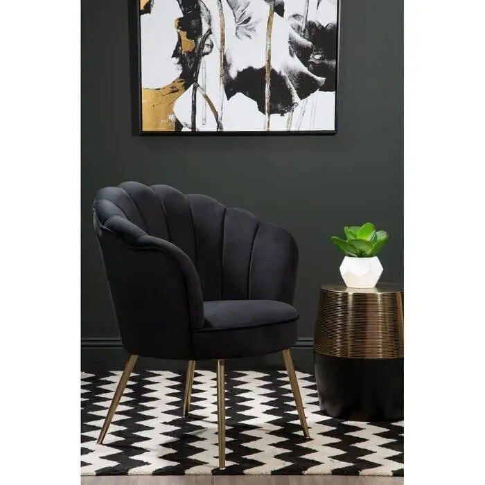Black Velvet Shell Chair – Scalloped Accent Seat with Gold Metal Legs