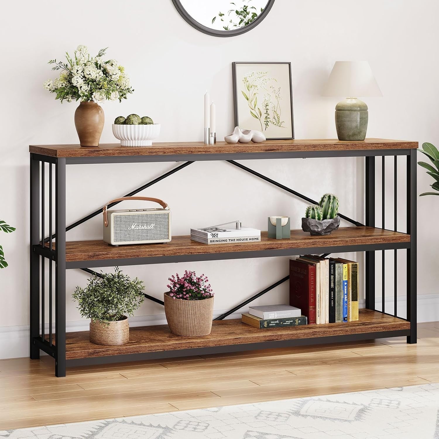 Rustic Industrial Console Table 3 Tier Storage Shelf 140x34x74cm
