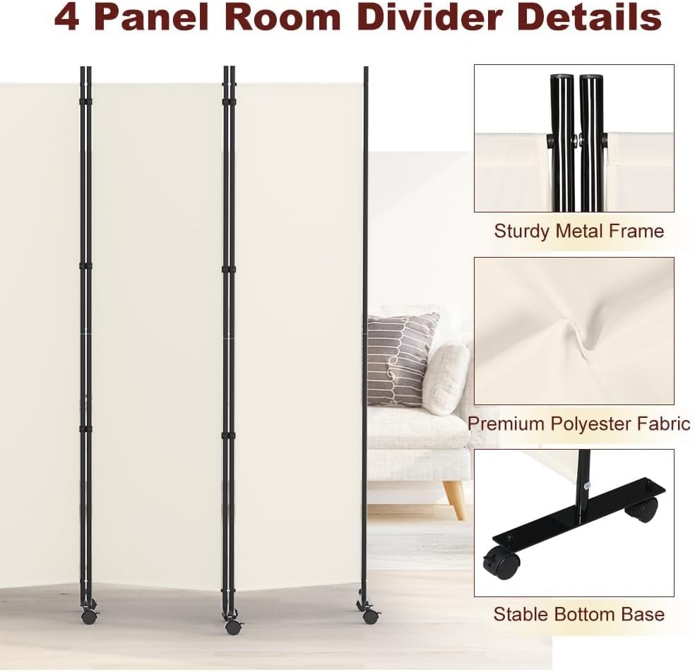 4 Panel Folding Room Divider Freestanding Privacy Screen with Lockable Wheels