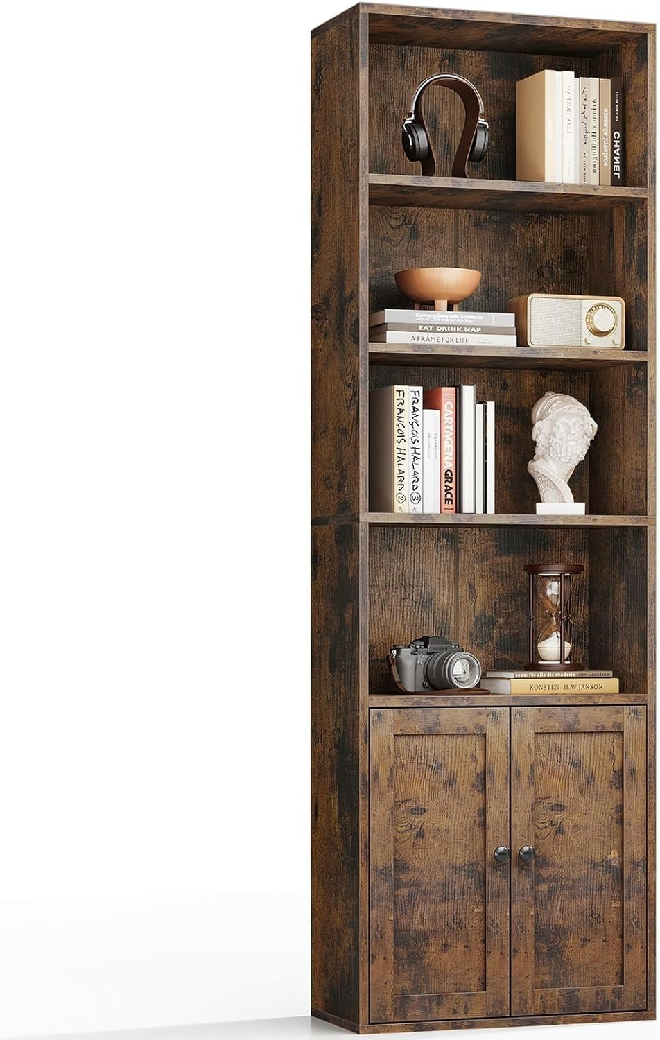 6 Tier Rustic Brown Bookcase with Doors Tall Storage Cabinet Shelf 48x24x176cm