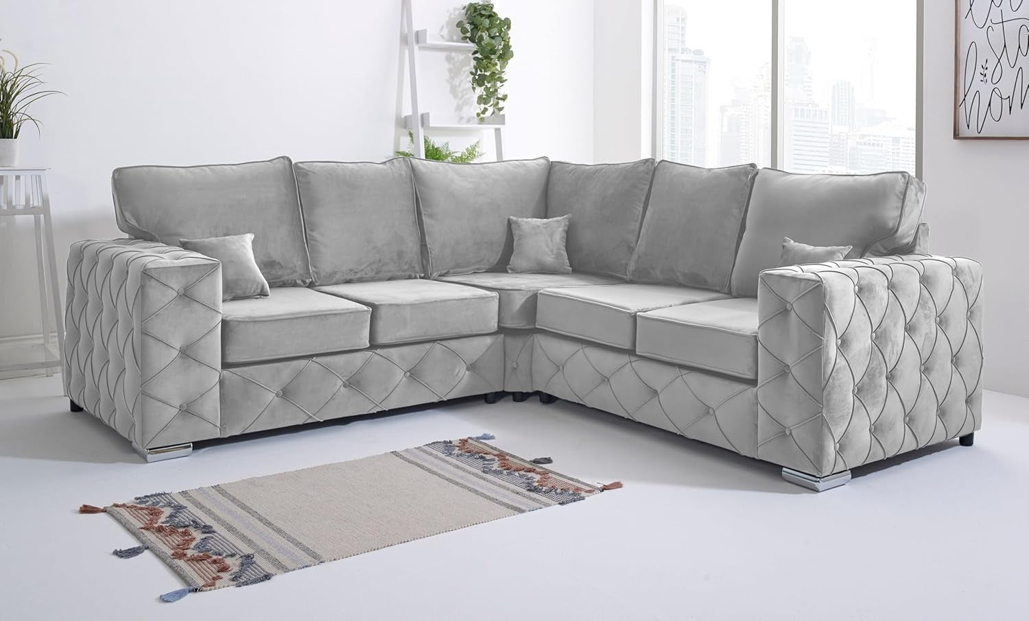 Luxury Plush Velvet Corner Sofa L-Shaped 5 Seater Foam Cushions Chrome Legs