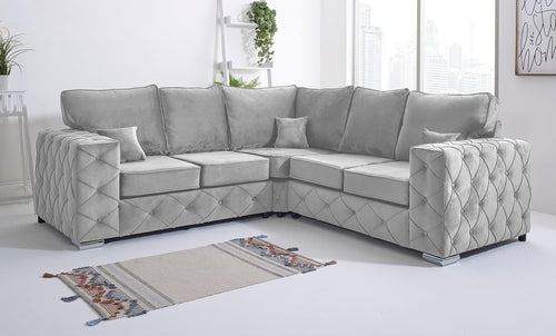 Luxury Plush Velvet Corner Sofa L-Shaped 5 Seater Foam Cushions Chrome Legs