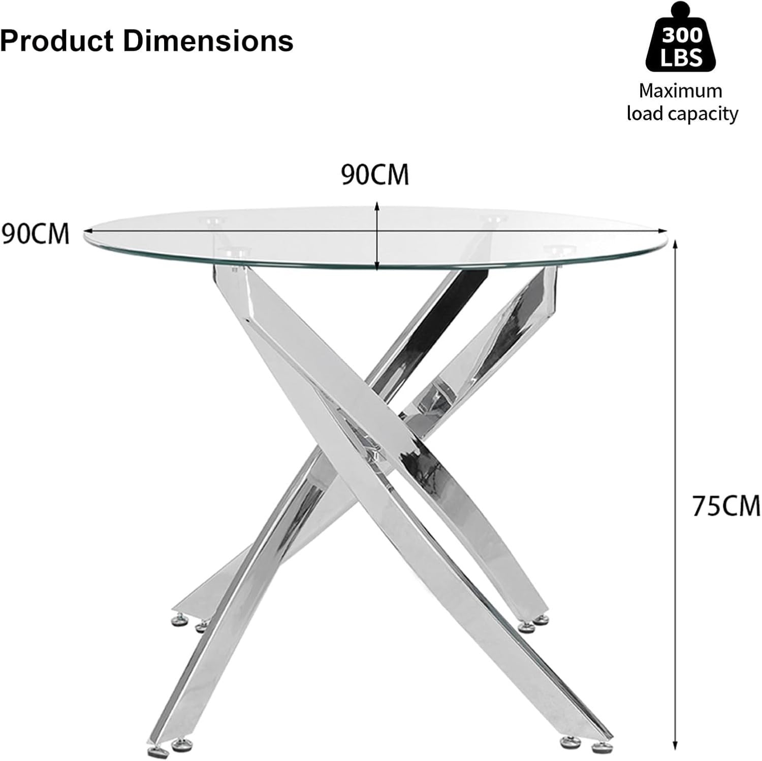 90cm Round Glass Dining Table with Chrome Legs Modern Small Kitchen Dining Table