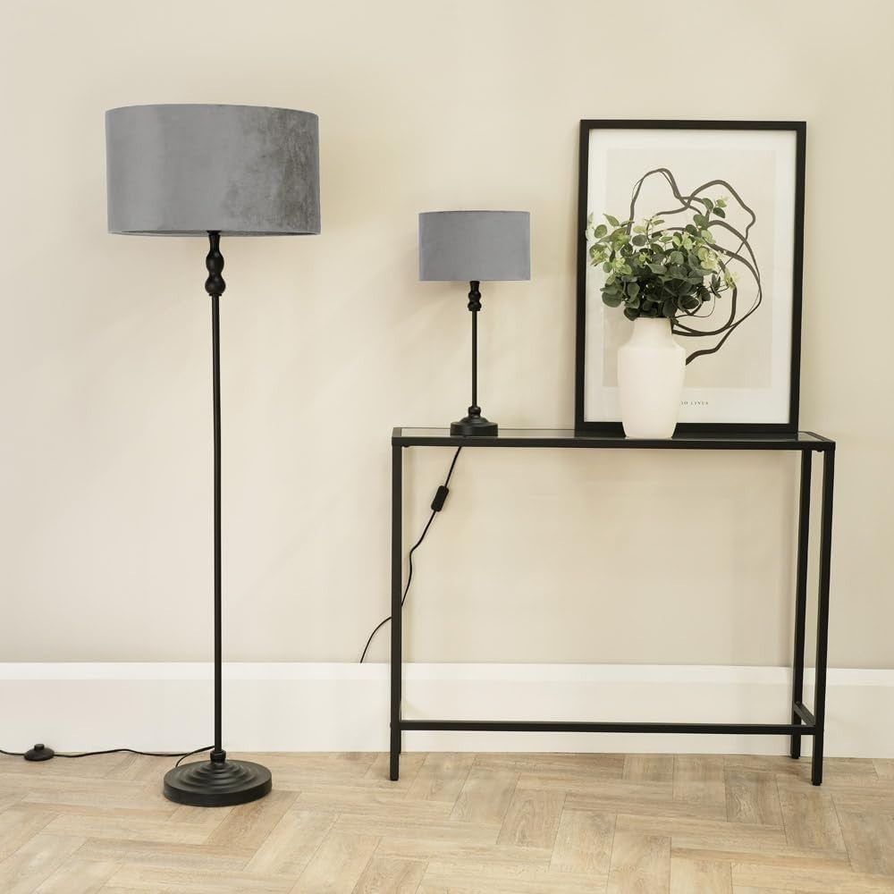 Black Metal Floor Lamp with Grey Velvet Shade & LED Bulb, Modern Light
