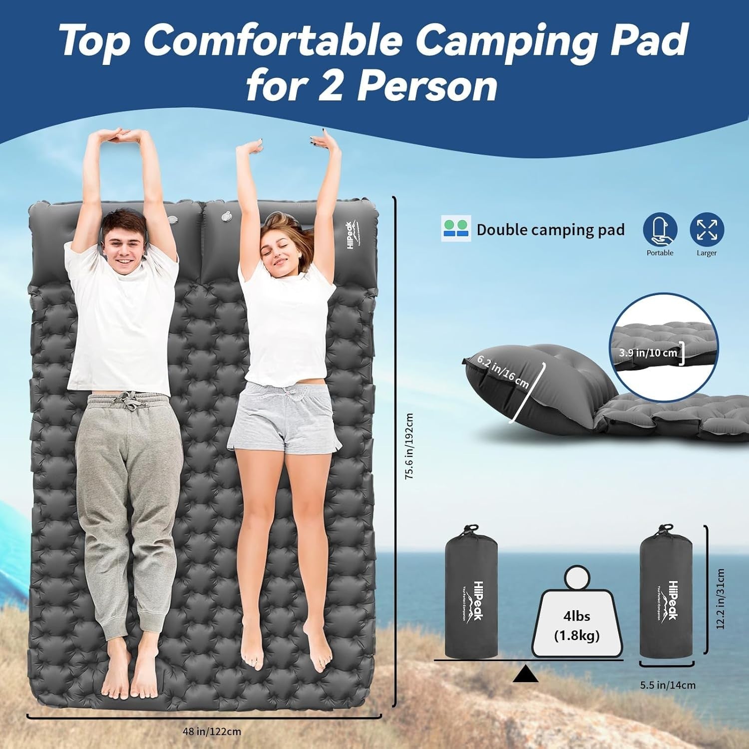 Double Inflatable Camping Mattress 192x122x10cm Ultralight with Pump