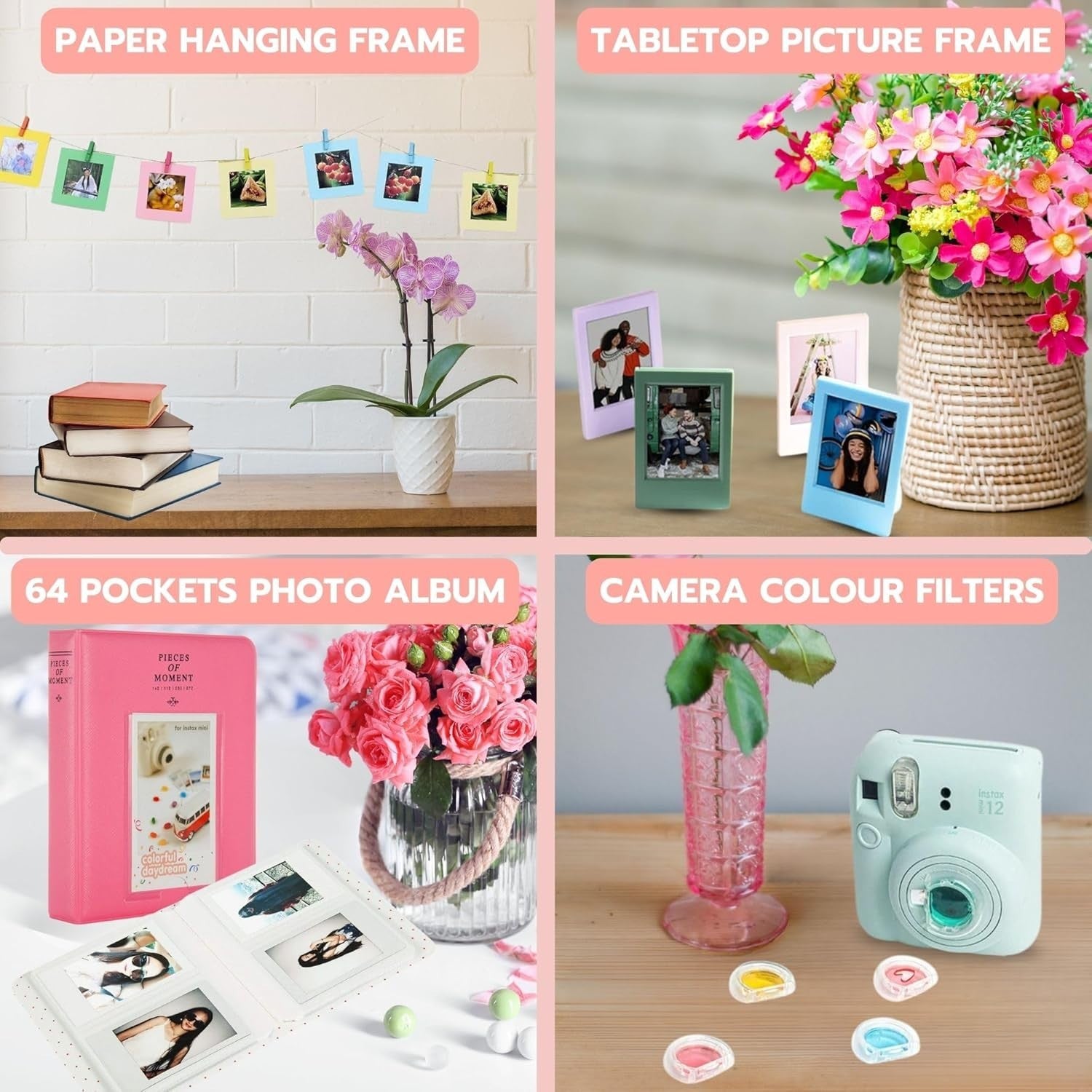 Instant Camera Bundle Pink 40 Film Shots Case Album Filters Photo Kit