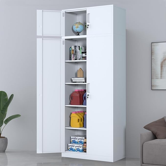 Tall White Metal Storage Cabinet with Lockable Doors 4 Adjustable Shelves