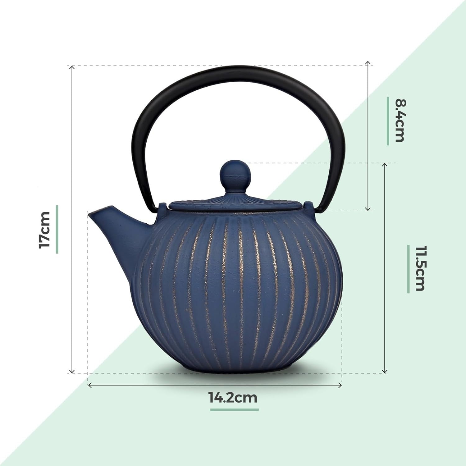 Cast Iron Teapot 500ml Tea Pot w/ Infuser Blue Gold Tetsubin Style