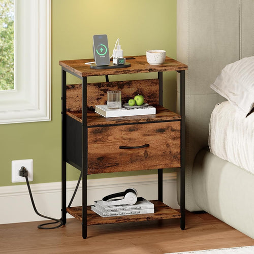 Wood Grain Bedside Table with LED Light – Nightstand with USB Ports