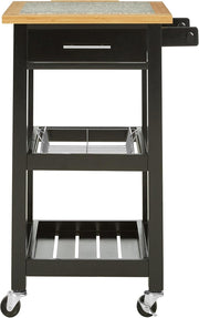 Black Kitchen Trolley Granite Top Pine Wood Cart 92cm
