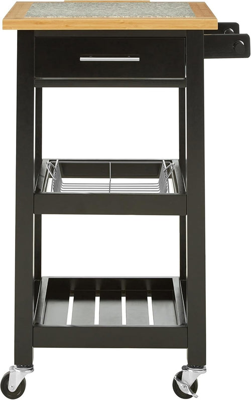 Black Kitchen Trolley Granite Top Pine Wood Cart 92cm