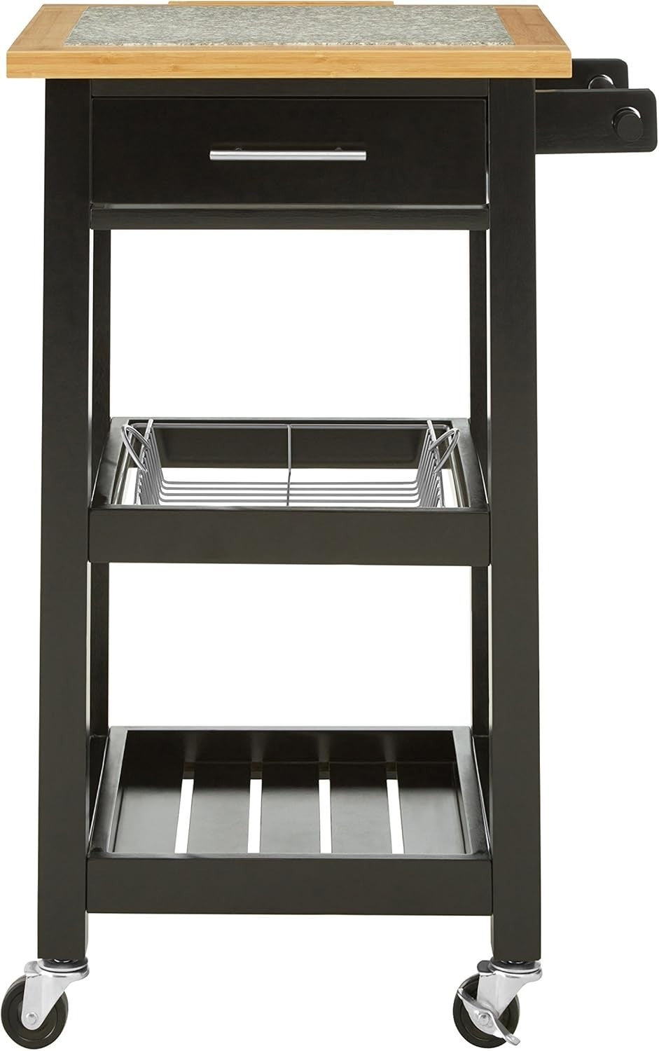 Black Kitchen Trolley Granite Top Pine Wood Cart 92cm