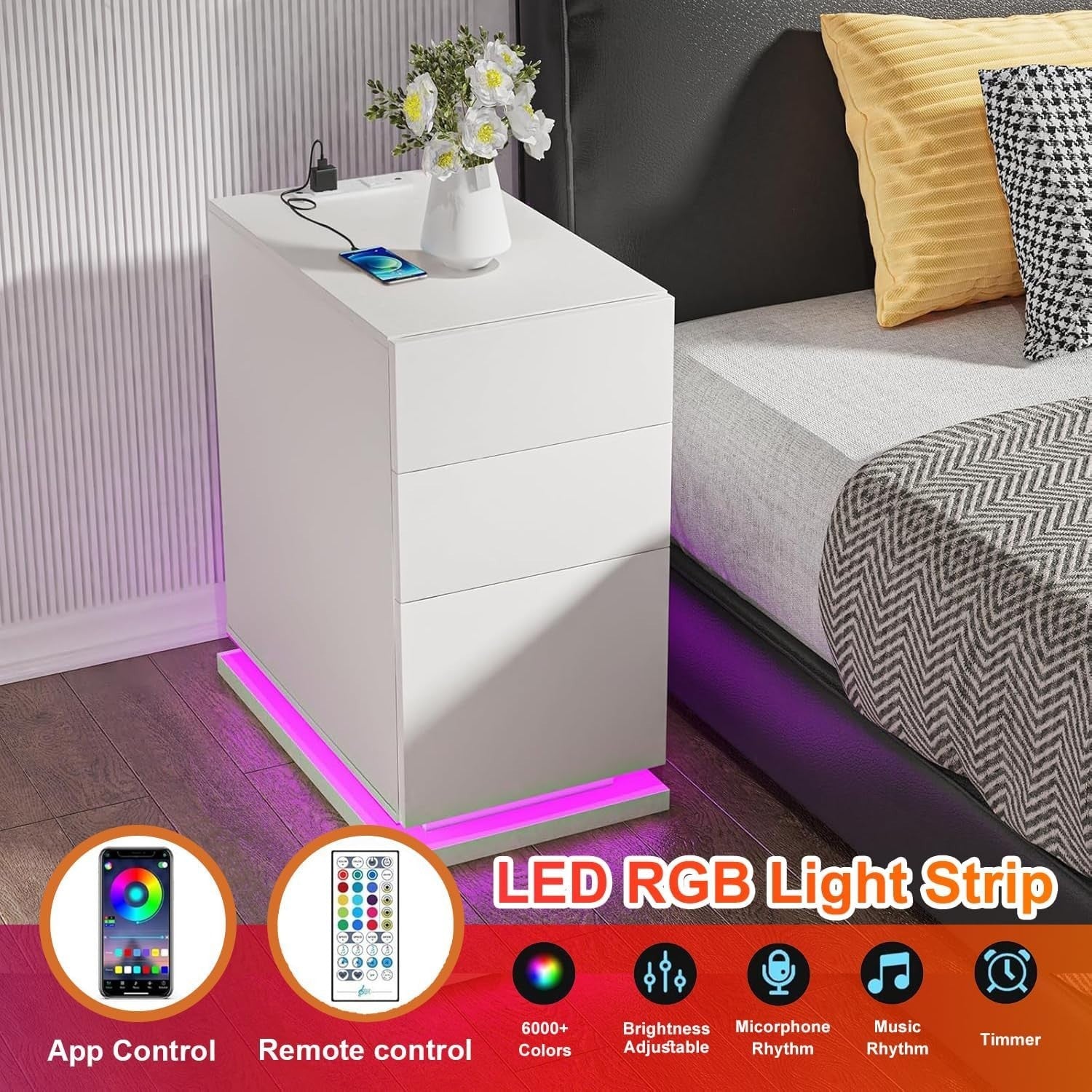 Modern LED Bedside Table with USB Charging, 3 Drawers, High Gloss Finish