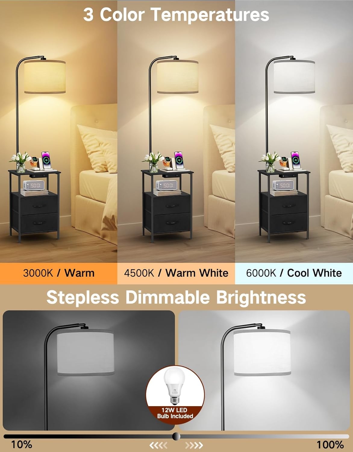 Floor Lamp with Table & Drawers, Dimmable LED, Remote, USB Charging