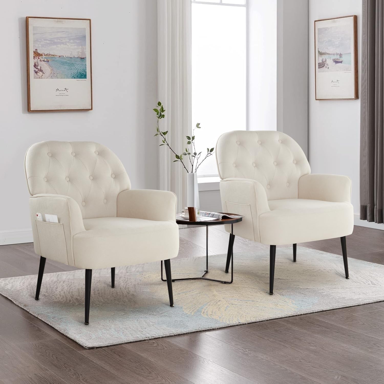Linen Accent Armchair Tufted Mid Century Lounge Chair Beige