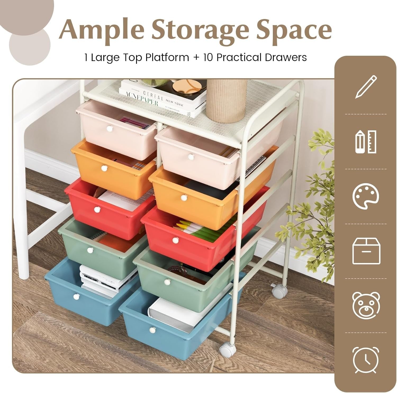 Macaron 10 Drawer Rolling Storage Cart Utility Organizer Trolley Wheels