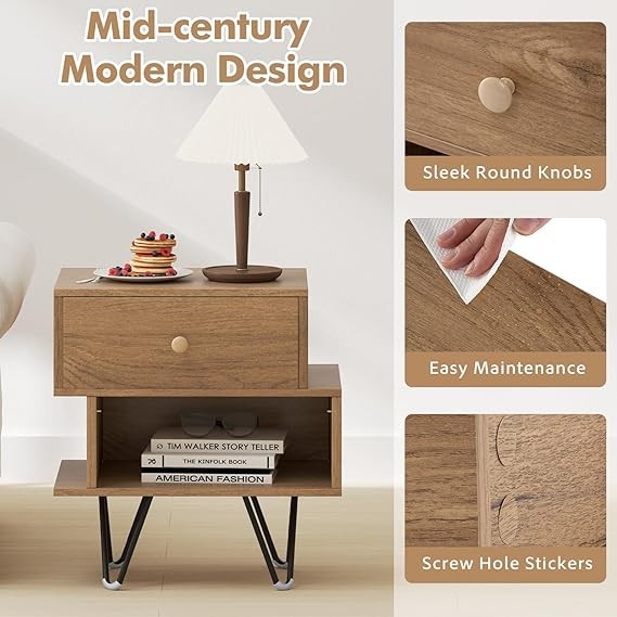 Wooden Bedside Tables Set of 2 with Drawer & Shelf, Metal Hairpin Legs, Modern
