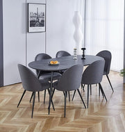 6 Seater Grey Marble Oval Dining Table Set with Curved Fabric Chairs