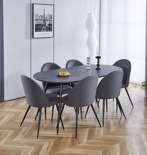 6 Seater Grey Marble Oval Dining Table Set with Curved Fabric Chairs