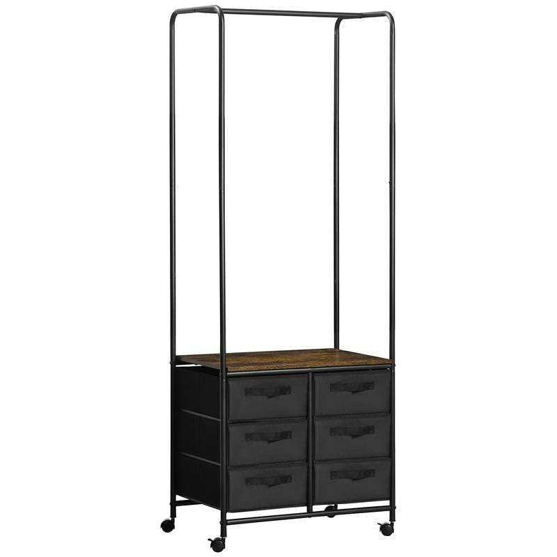 Industrial Clothes Rail with 6 Drawers – Rolling Open Wardrobe Unit