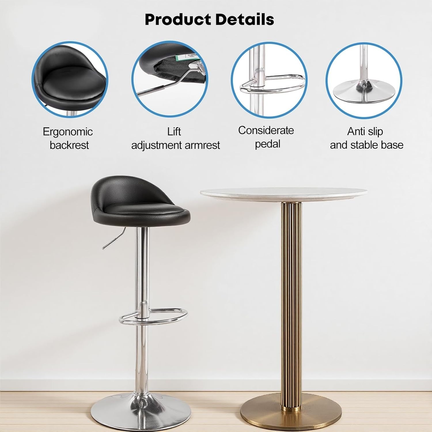 Black Faux Leather Bar Stool Set of 2 Round Armless Adjustable Swivel Chairs