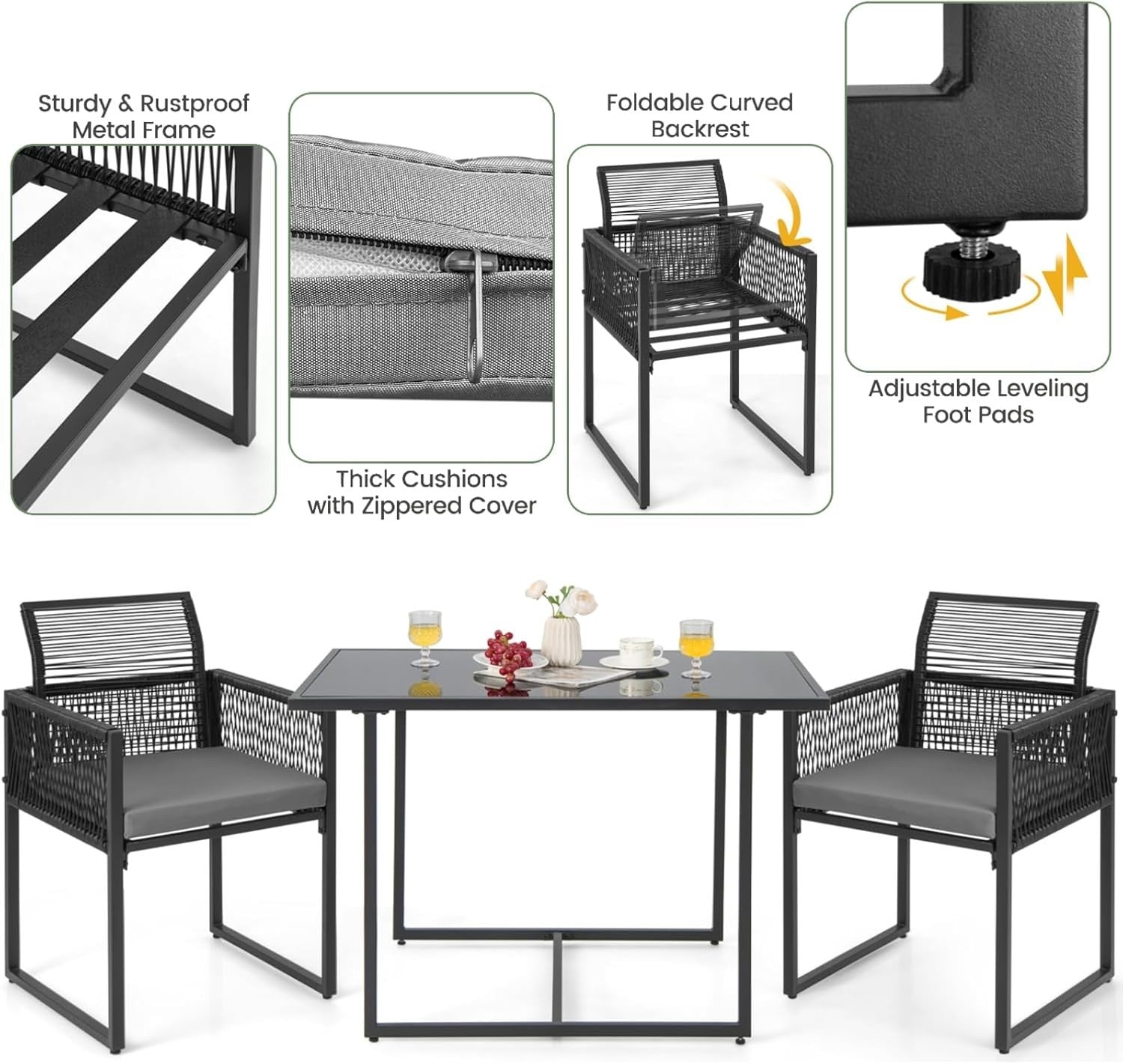 3pc Patio Bistro Set Glass Table 2 Rattan Chairs Cushions Space Saving