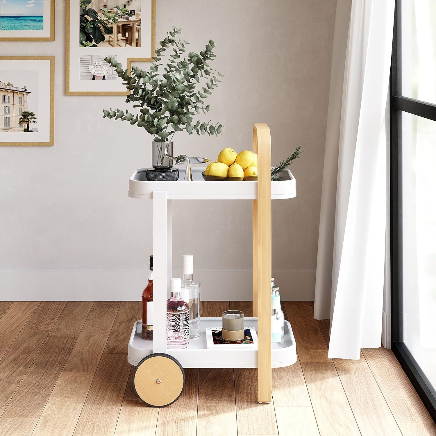 Luxury Bar Cart on Wheels 2 Tier White Serving Trolley Removable Tray