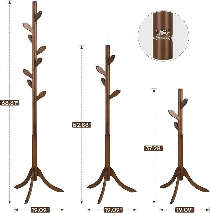 Vintage Brown Wooden Coat Rack 182cm Tree Stand with 8 Hooks Freestanding