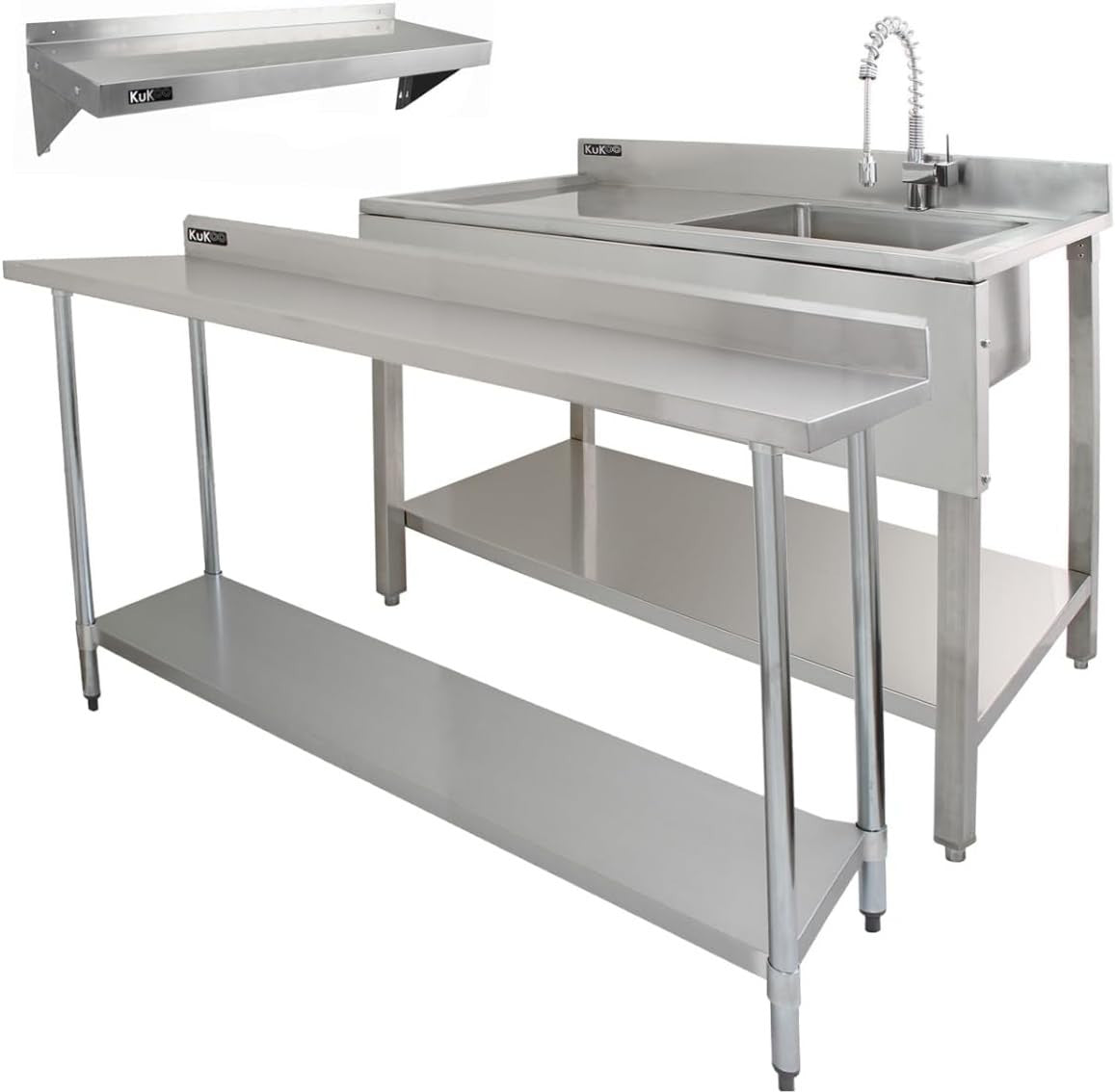 6FT Stainless Steel Catering Bench + 2 Wall Shelves Prep Table 250kg Backsplash