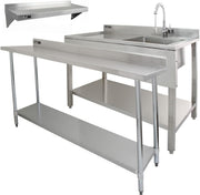 6FT Stainless Steel Catering Bench + 2 Wall Shelves Prep Table 250kg Backsplash
