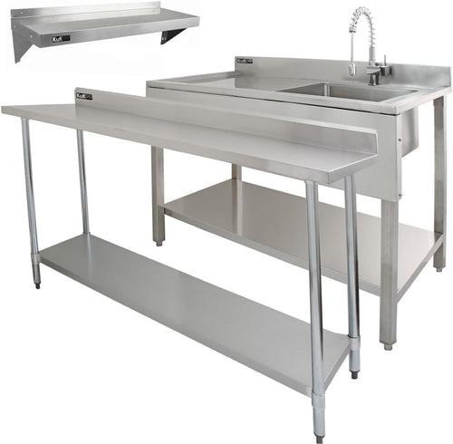 6FT Stainless Steel Catering Bench + 2 Wall Shelves Prep Table 250kg Backsplash