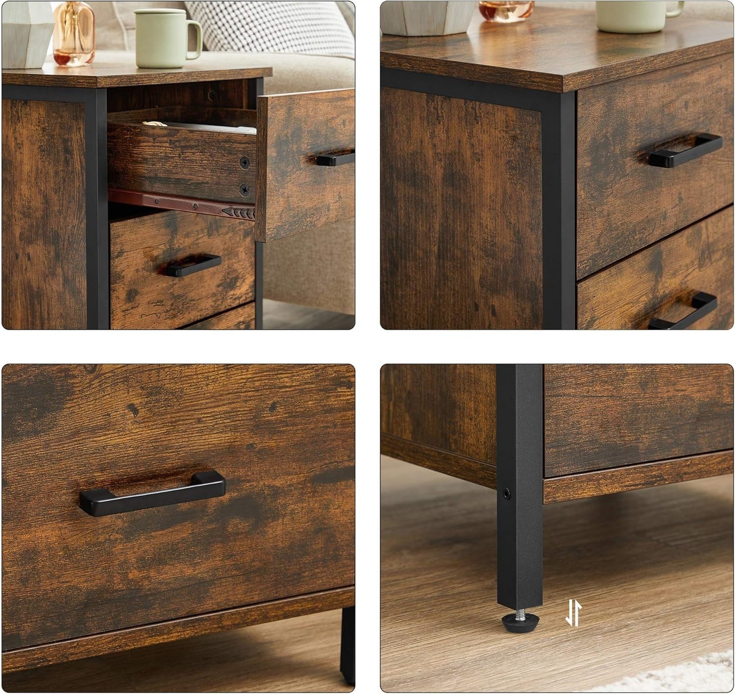 Rustic Industrial Bedside Table with 3 Drawers – Brown & Black Wood Nightstand