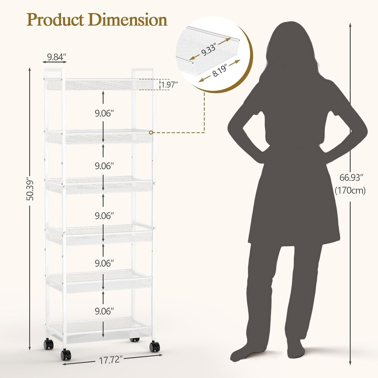 6 Tier Slim Storage Cart Rolling Narrow Shelf Kitchen Bathroom Rack
