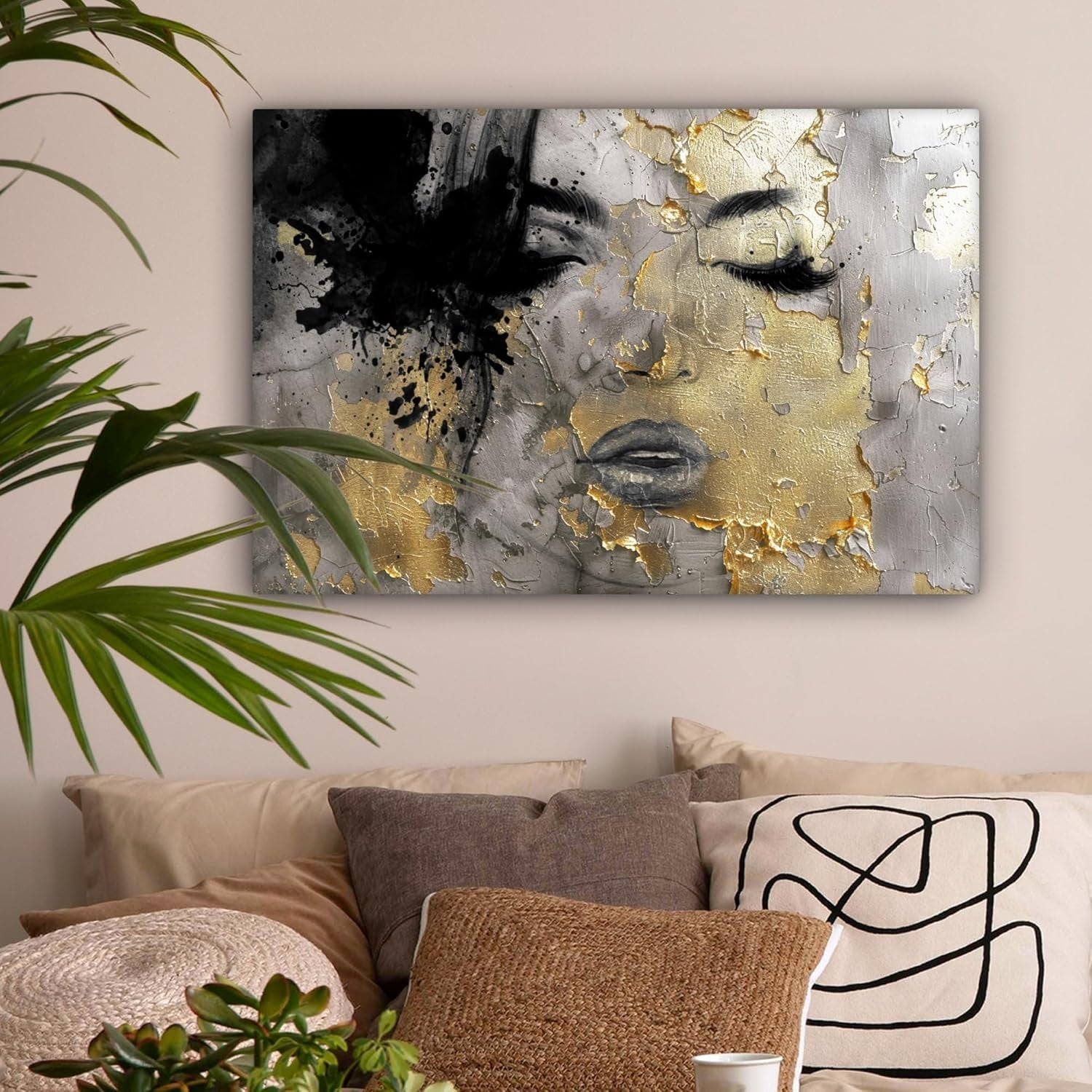 Large Framed Canvas Wall Art 60x40cm Gold Black Abstract Woman