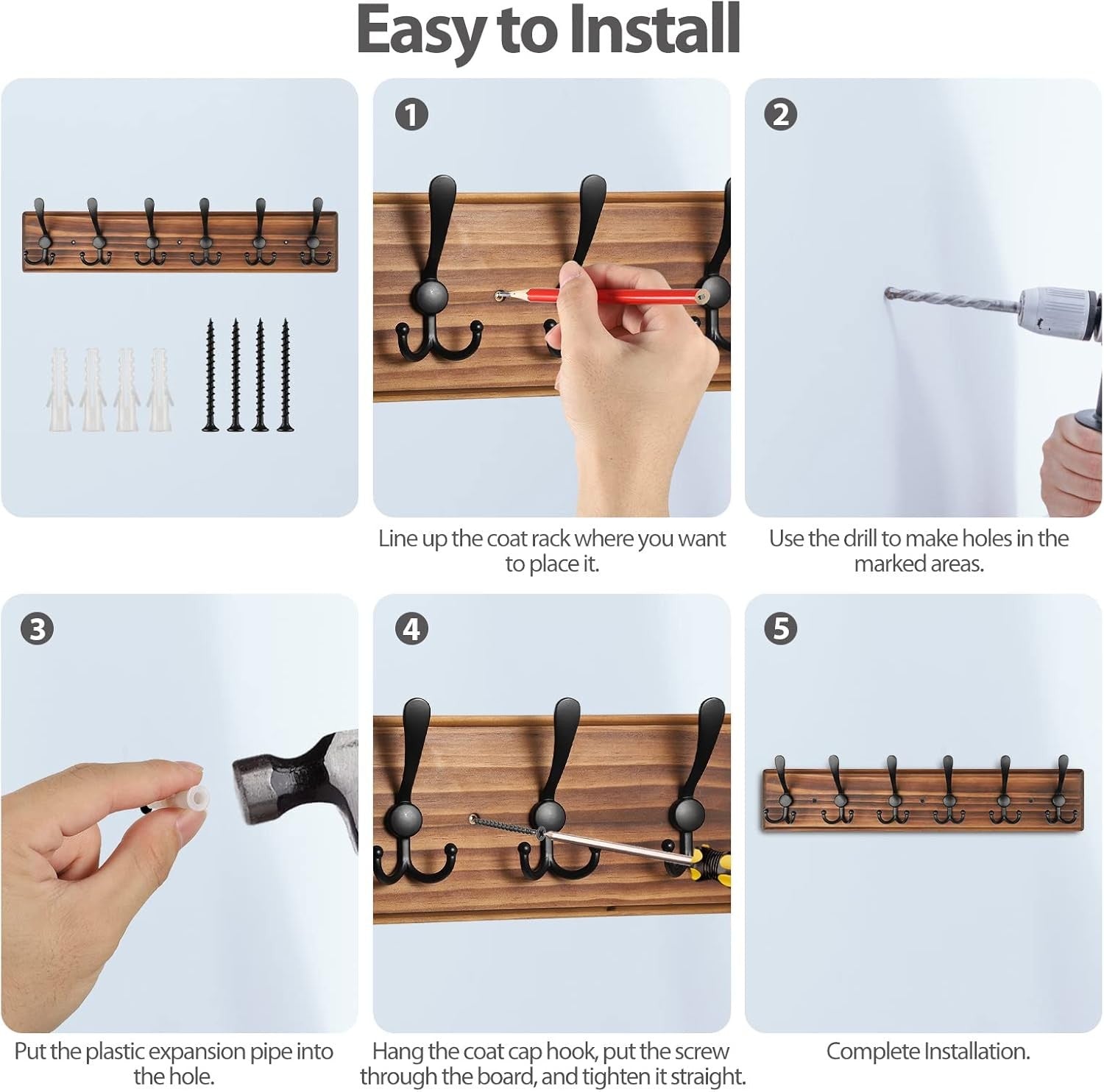 Wooden Wall Mounted Coat Rack | 6 Hook Heavy Duty Hallway Hanger Shelf