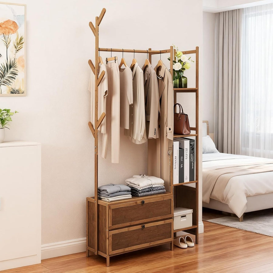 Bamboo Clothes Rail with Shelves & Hooks, Tea Wardrobe