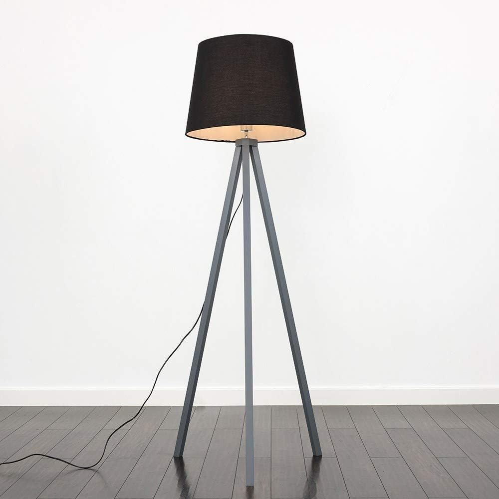 Grey Wooden Tripod Floor Lamp Black Tapered Shade Living Room Light