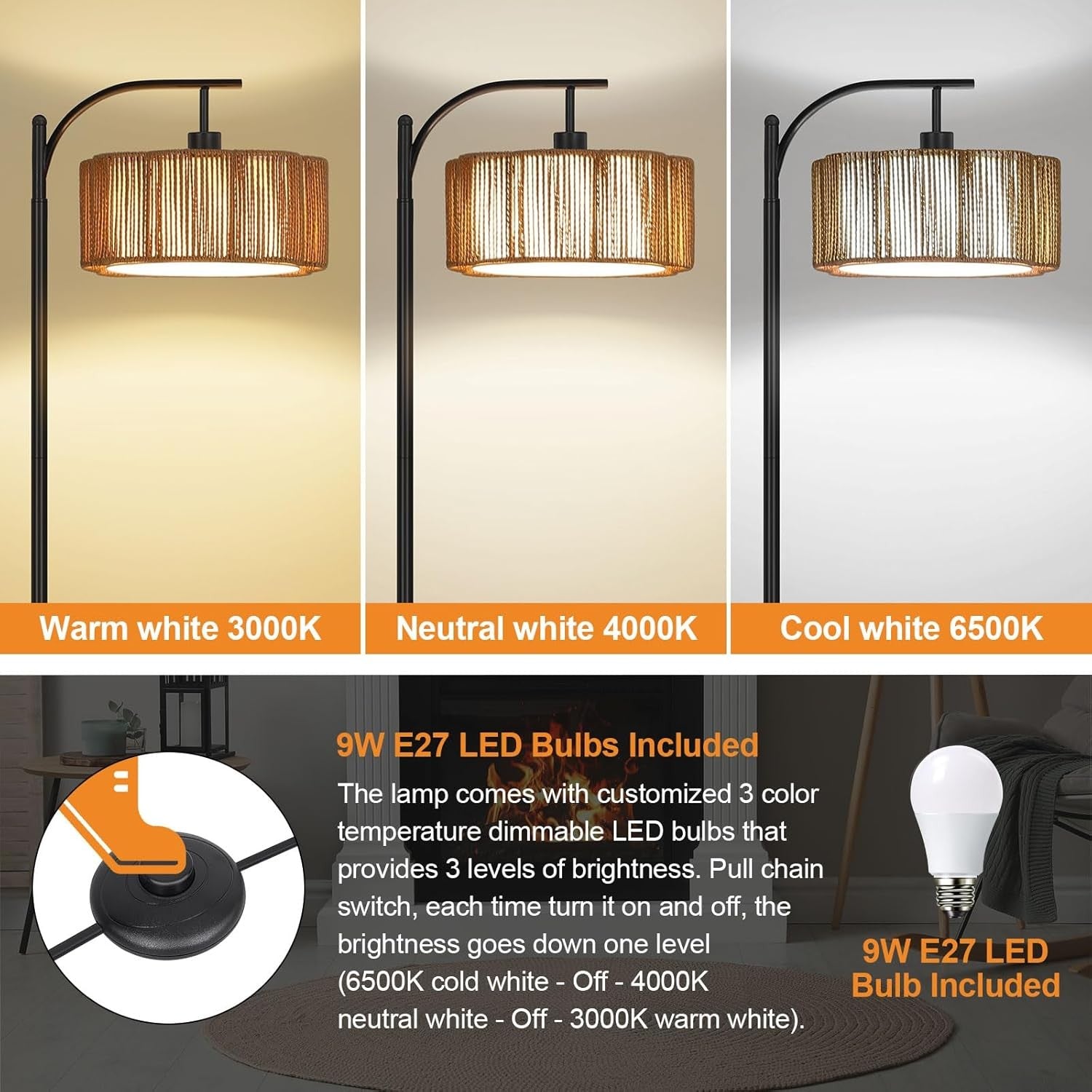 Rattan Boho Floor Lamp Dimmable 3 Colour Standing Light Foot Switch