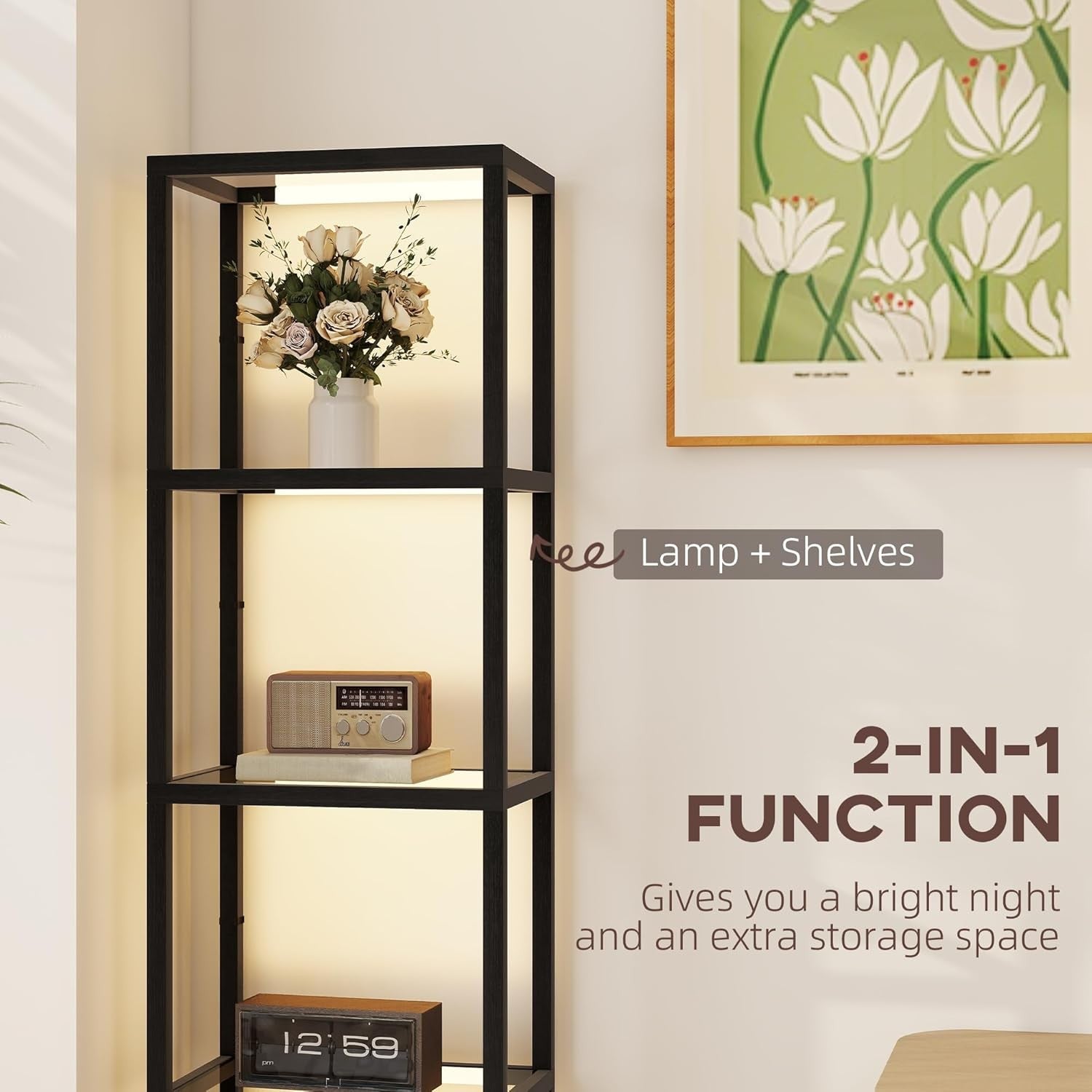 Tall Floor Lamp with Glass Shelves Dimmable Column Storage LED Standing Light