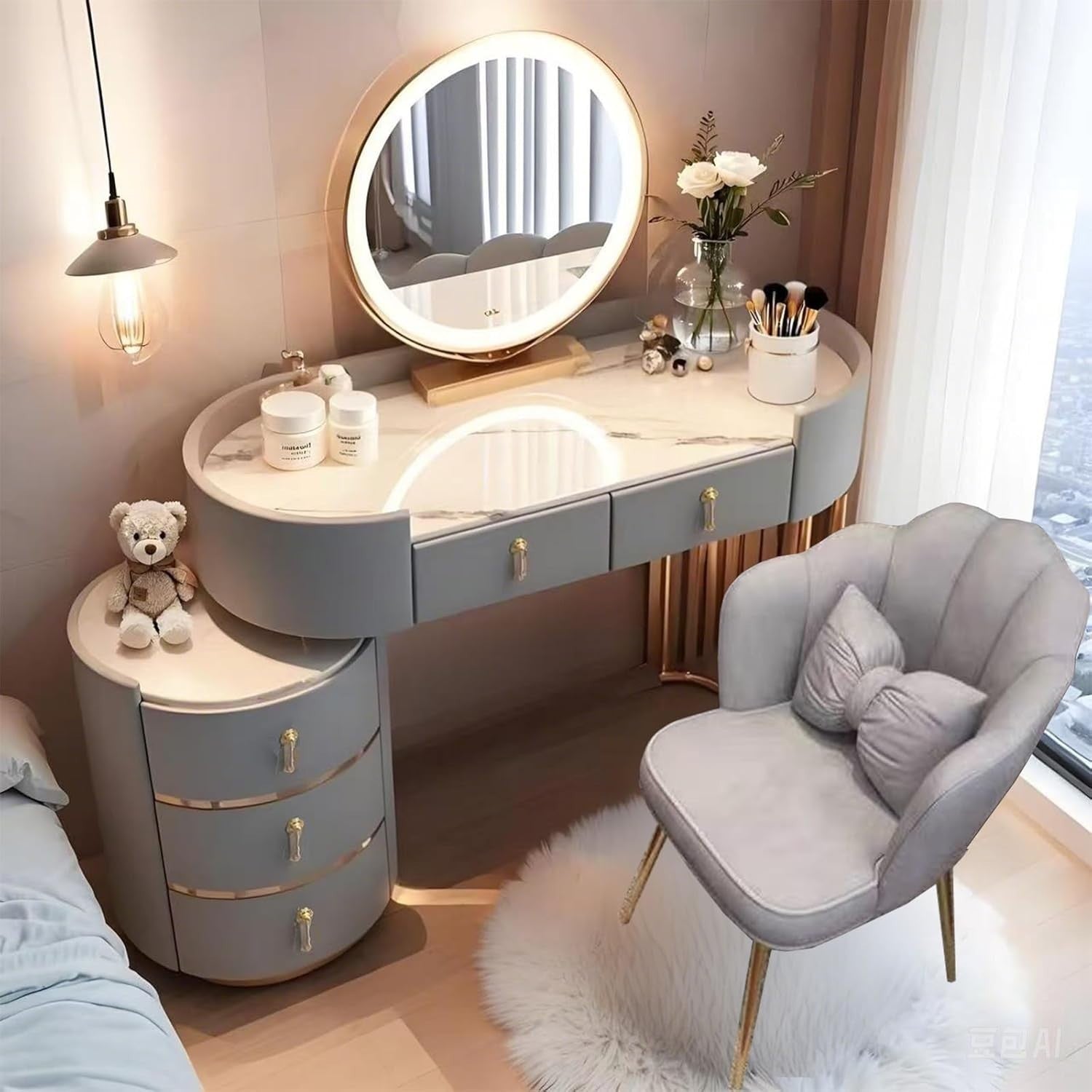 Luxury Vanity Makeup Dressing Table Desk Mirror LED Lights 4 Drawers Grey