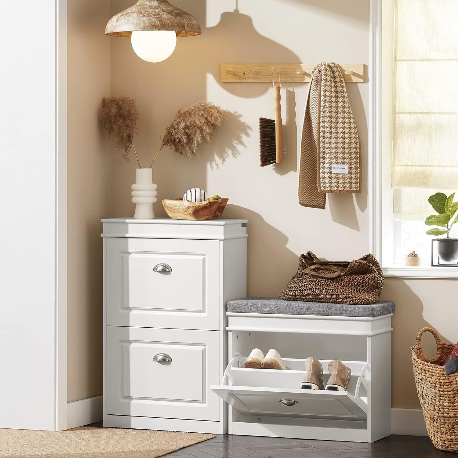 Narrow Shoe Storage Bench with Flip Drawer & Cushion, 60x24x51 cm White