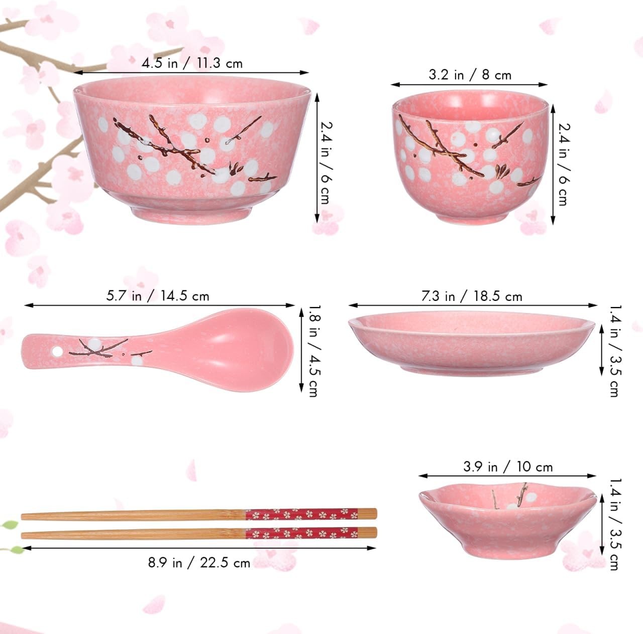 Japanese Style Ceramic Dinnerware Set Pink Bowl Plate Cup Spoon Chopsticks