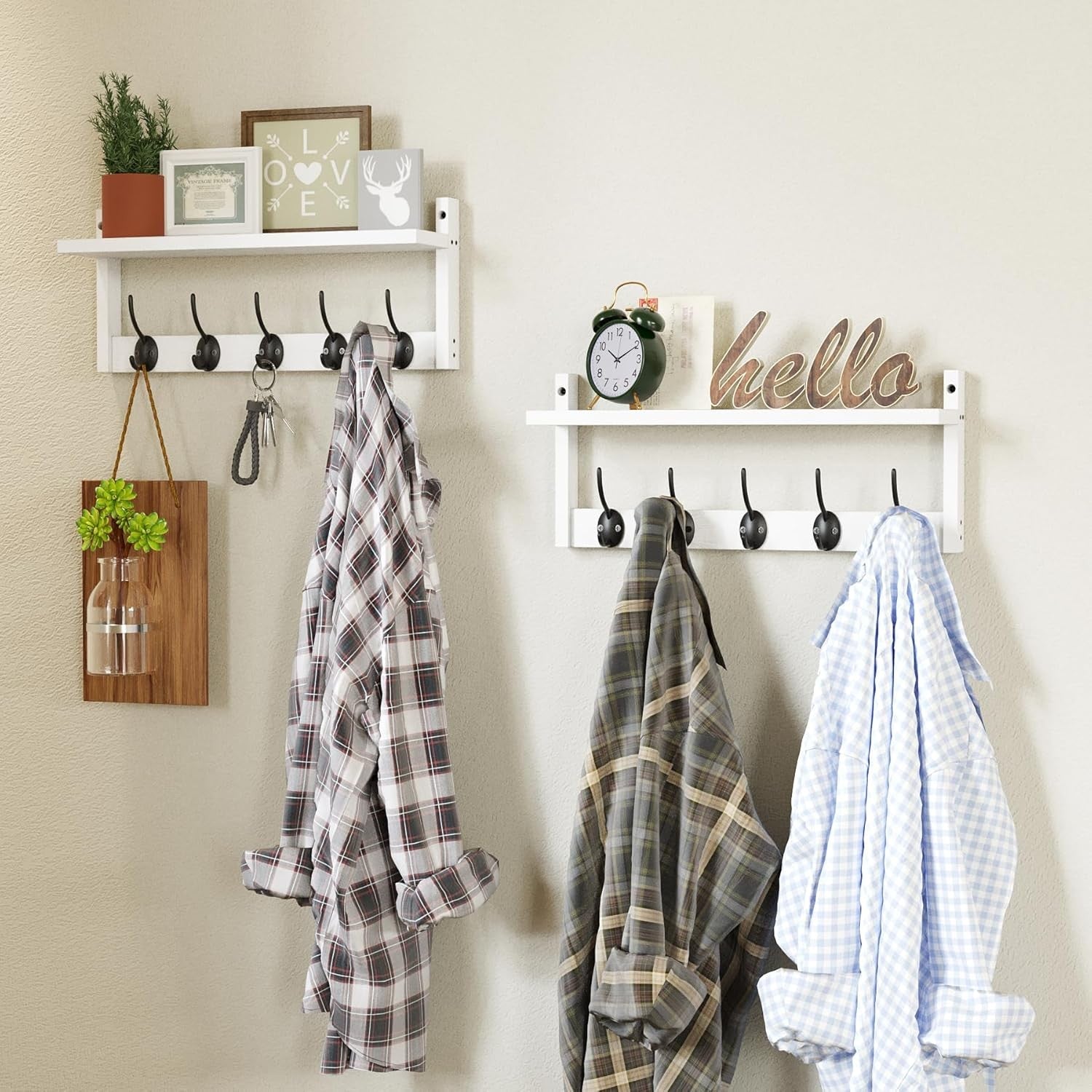 Wooden Wall Coat Rack with Shelf 87cm | 10 Hooks for Coats Hats Bags Keys
