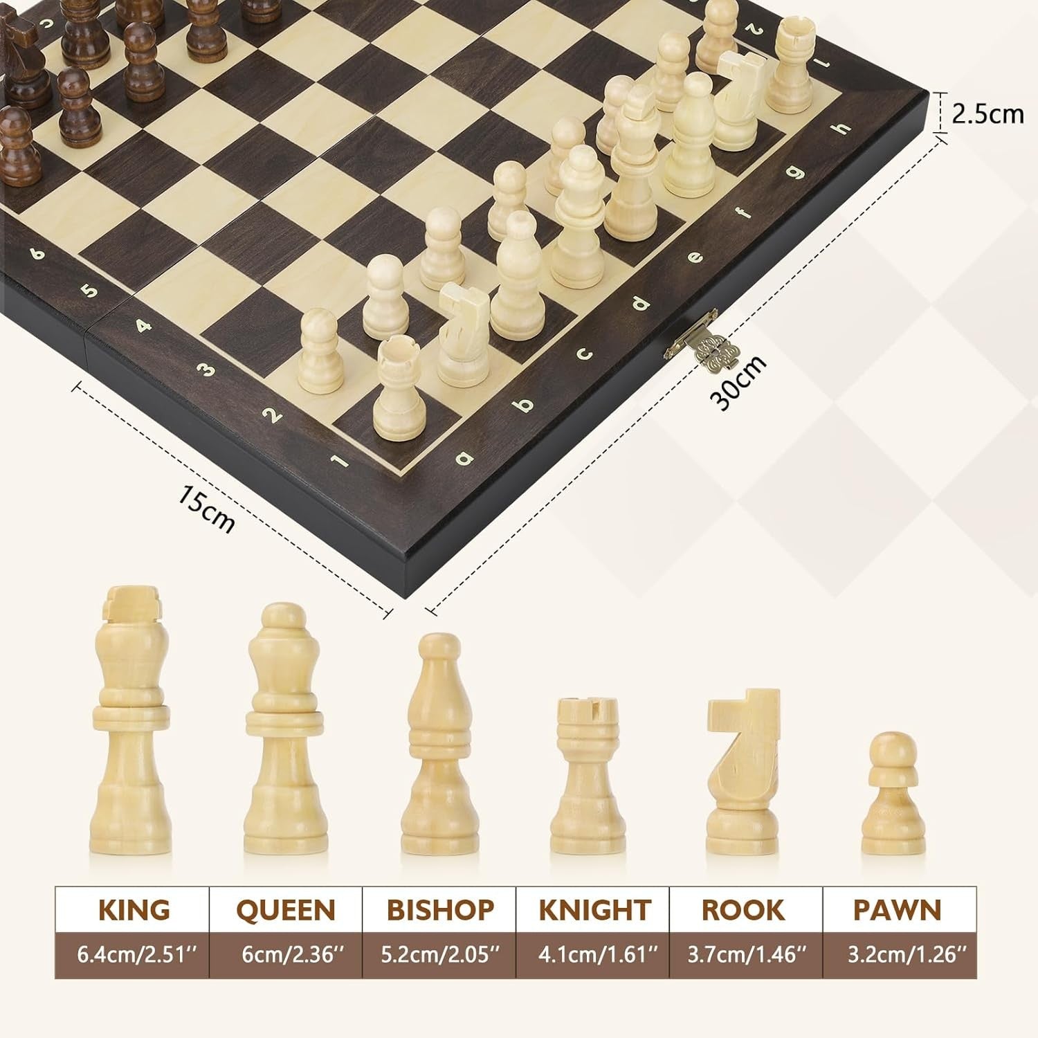 Wooden Magnetic Chess Set 30cm Folding Board w/ Storage & Extra Queens Dark