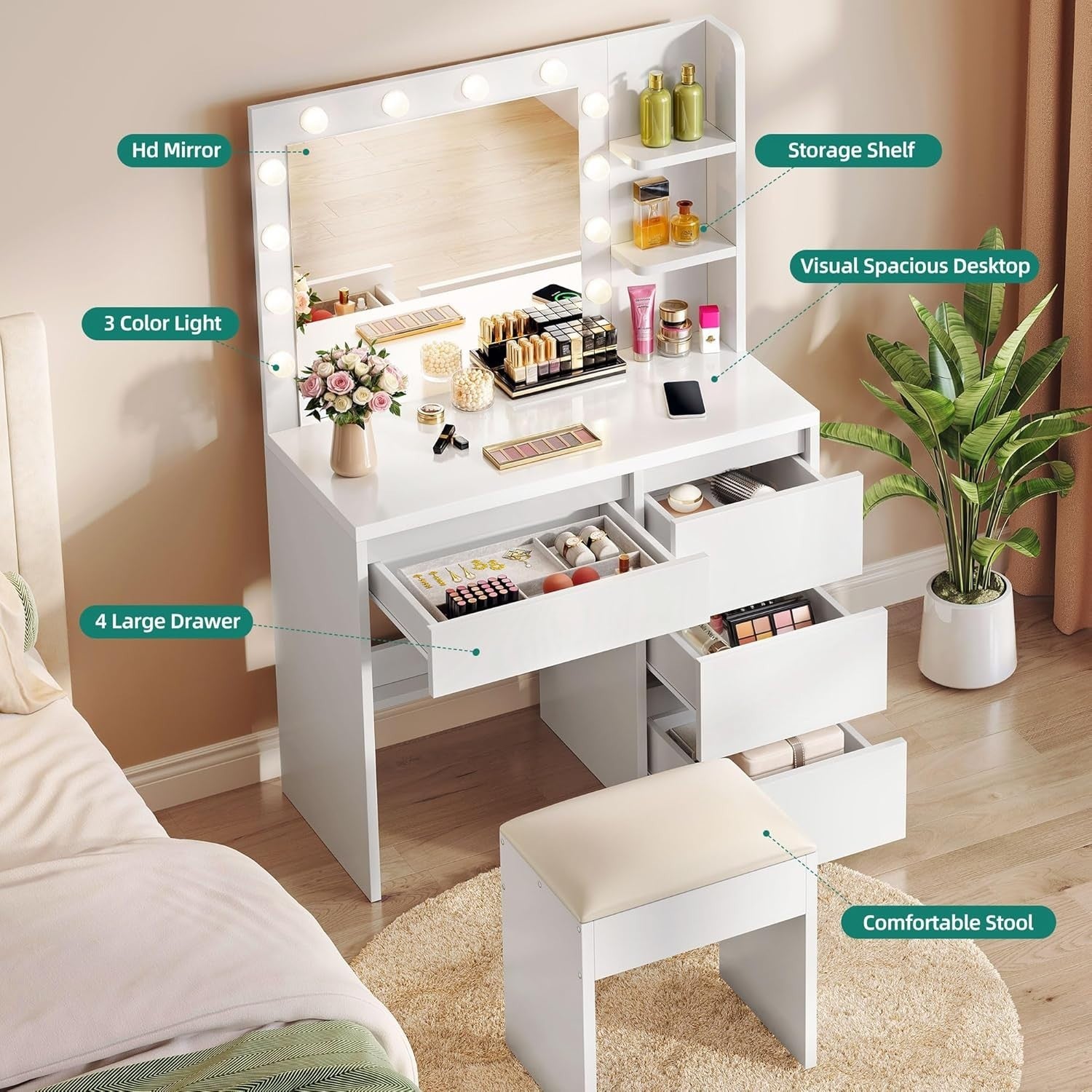 White Modern Vanity Dressing Table w/ 12 LED Lights Mirror Stool 4 Drawer Storag