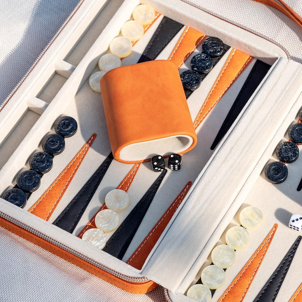 9.4 Inch Travel Backgammon Set Faux Leather Folding Board Portable Game