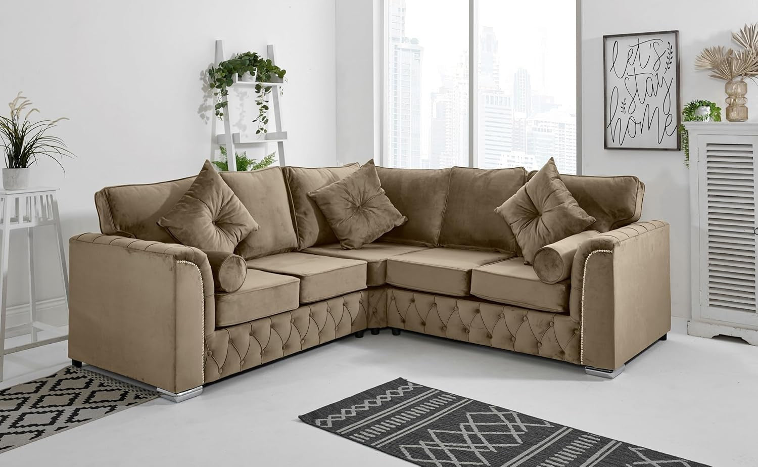 Plush Velvet Mink Corner Sofa 5-Seater, Foam Cushions, Chrome Feet, L-Shape